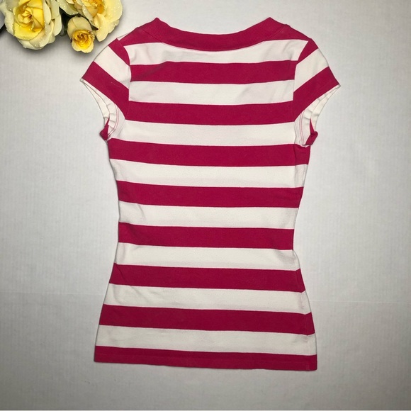EXPRESS V Neck Pink & White Stripped Stretch T Shirt With Cap Sleeve - Picture 7 of 9